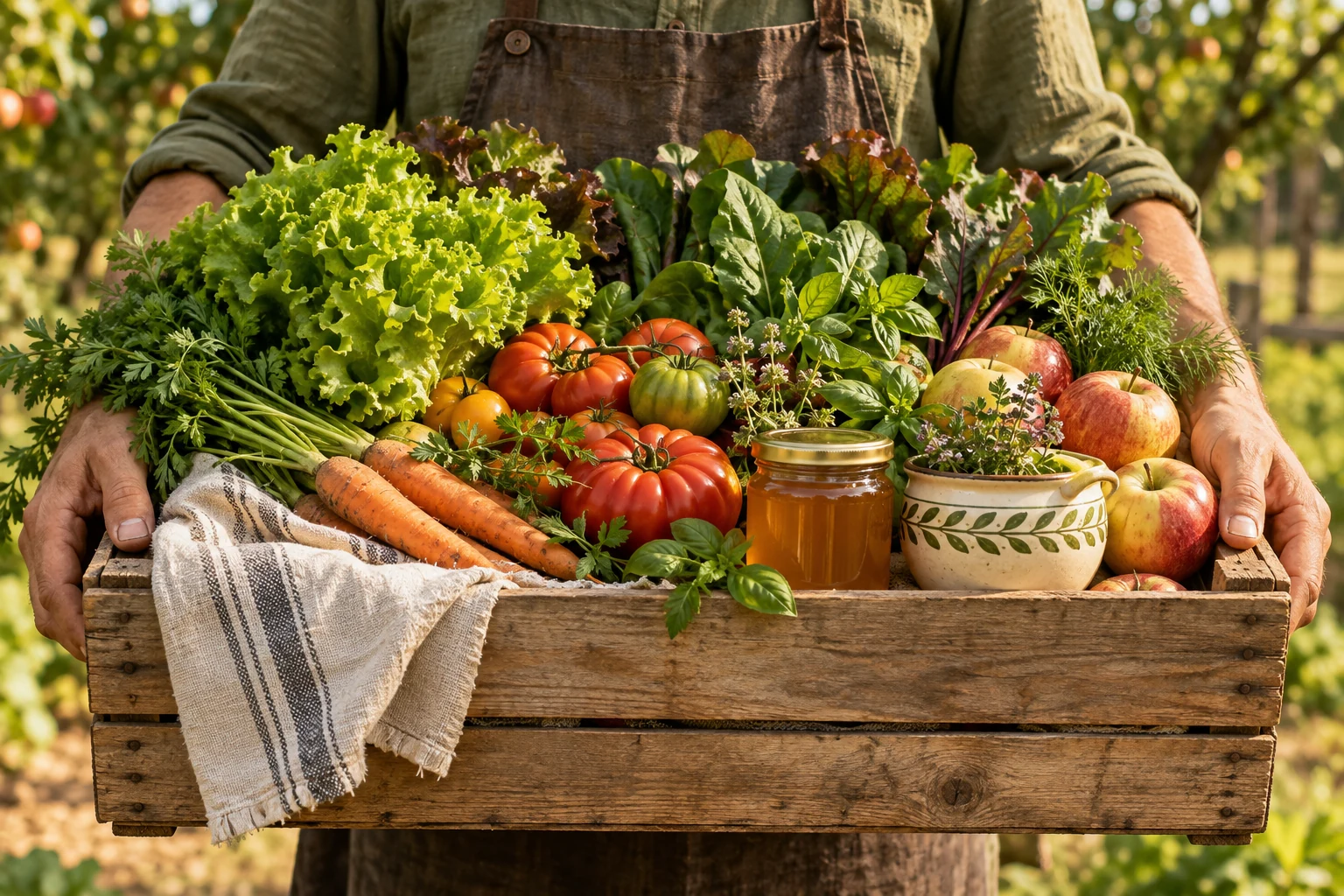 O ladă cu fructe, legume și bunătăți locale, în mâinile unui om din livadă