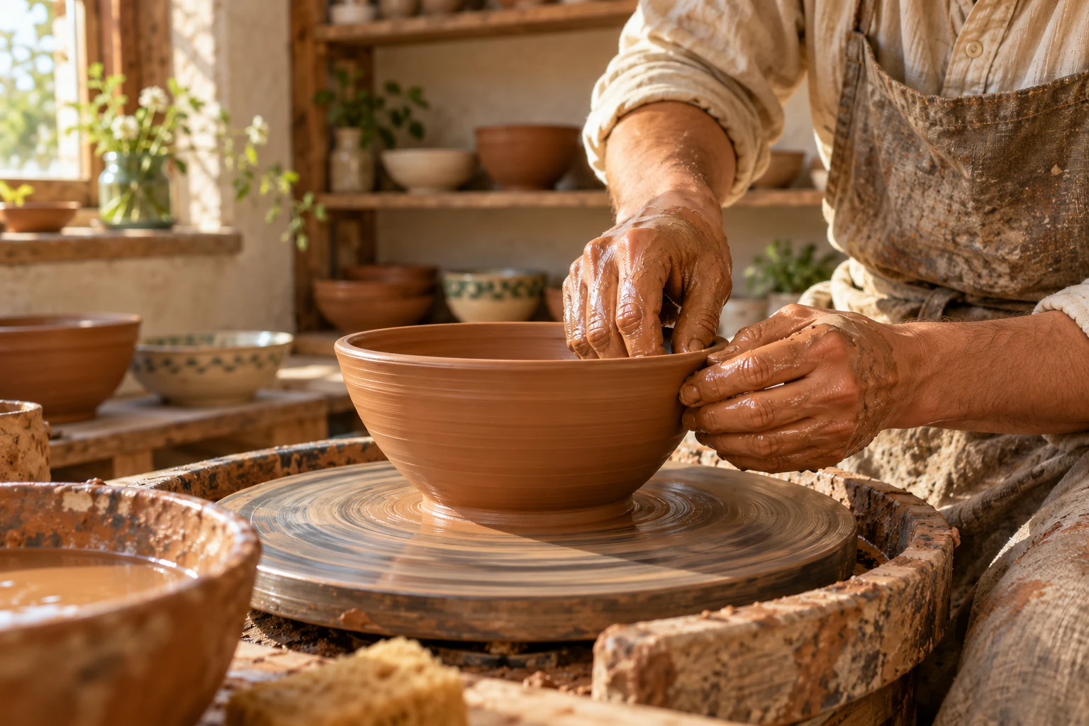 Mâinile unui olar modelând un vas din lut în atelier